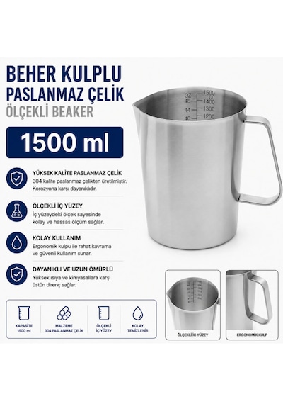 Beher Kulplu Paslanmaz Çelik 1500 Ml - Ölçekli Beaker