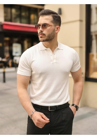 Veraura Lifestyle Erkek Düğmeli Yaka Pamuk Triko Tişört Beyaz