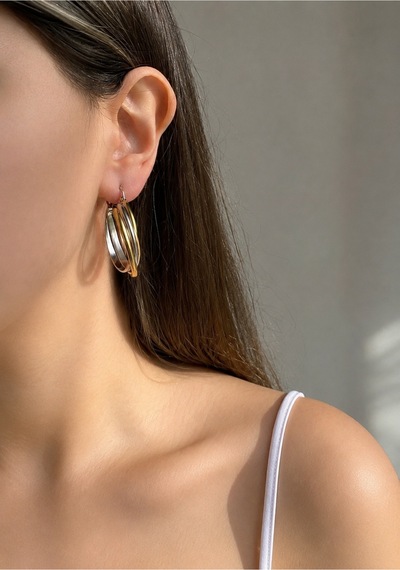 Çelik Gold & Silver Çift Renk Oval Damla Model Mia Küpe 3cm -kararma Yapmaz- Altın
