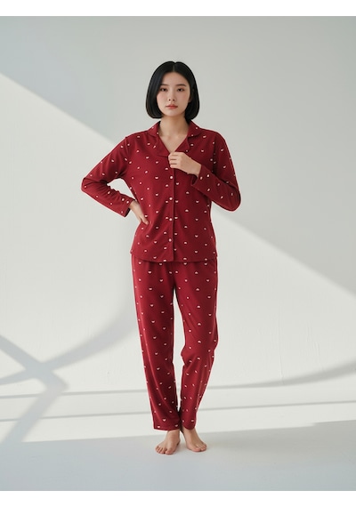 Süet Gömlek Pijama Takımı 7004 Puantiyeli Kırmızı