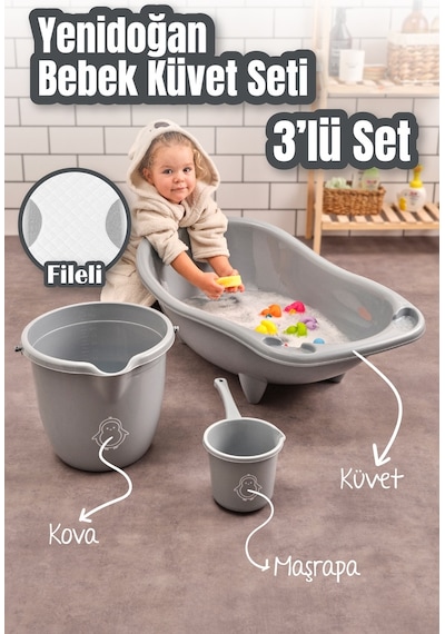 Vienev 3Lü Set Fileli Yenidoğan Küvet Seti Gri