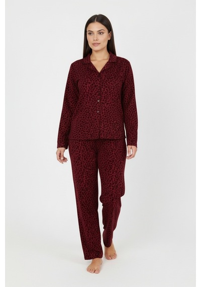 Bravie Luxury Soft Bordo Leopar Desenli Uzun Kollu Kadın Pijama Takımı Büyük Beden 3002 Bordo
