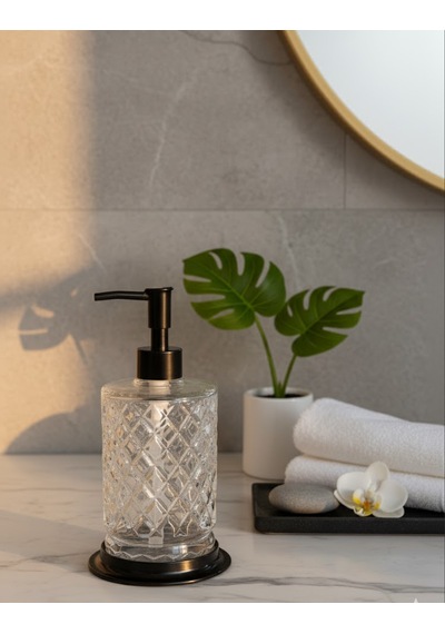 Kristal Serisi Cam Banyo Seti, 4 Parça Sıvı Sabunluk,fırçalık,katı Sabunluk,pamukluk Siyah