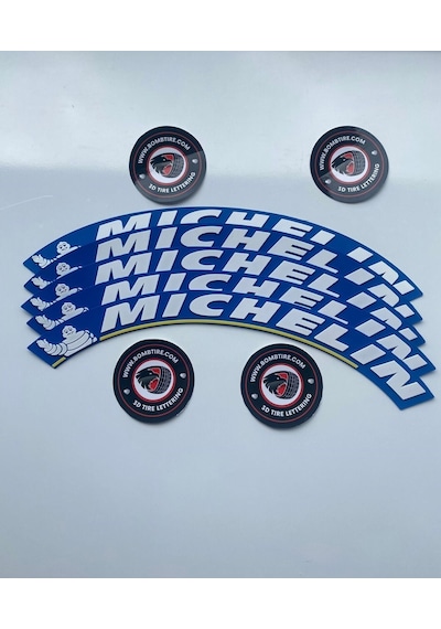 Yeni Model Michelin Mavi Beyaz Büyük Boy 3.2 Cm Lastik Yazısı Etiket Beyaz Yanak 4 Adet