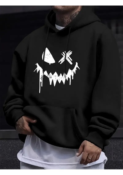 Nevermind Unisex Oversize Gülümseyen Surat Baskılı Siyah Hoodie Streetwea Siyah