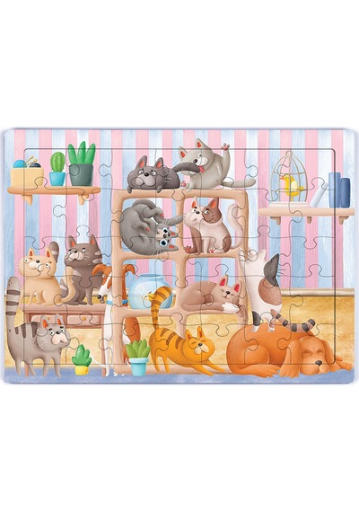 King Of Puzzle Kitaplıktaki Kediler Ahşap Puzzle 35 Parça