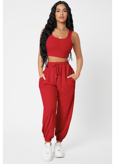 Modi Kadın Kırmızı Kaşkorse Cepli Jogger Eşofman Altı Ve Crop Top Bluz