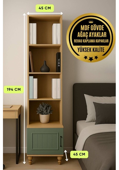 Gülsün Yeşil Kitaplık ve Komodin Seti Mdf Rehau Kaplama Ağaç Ayaklı Yeşil - Ahşap