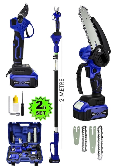 Moonshop Set2 58VF 20Ah 2li Set 2 Akülü Şarjlı Dal Budama Makası + Dal Budama Testeresi