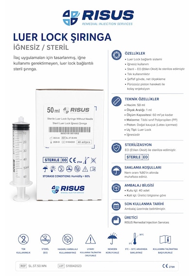Rısus Luer Lock Şırınga İğnesiz Hassas Ölçekli Enjektör 40 x 50 ML