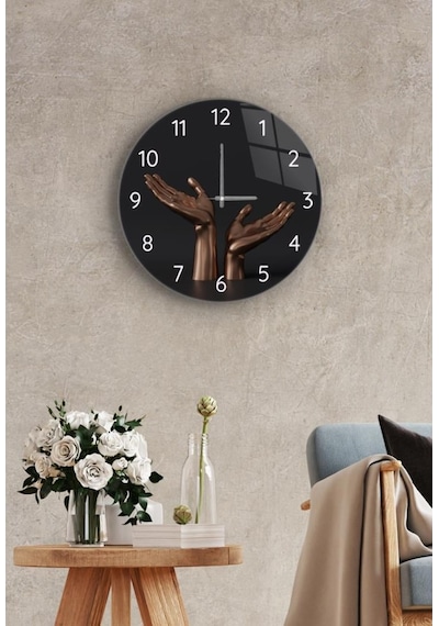 Çap 27 Cm Bronz El Dekoratif Cam Duvar Saati Beyaz - Siyah