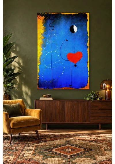 Fida Joan Miró Mavi Fonda Kırmızı Kalpli Dansçı Canvas Tablo Çok Renkli