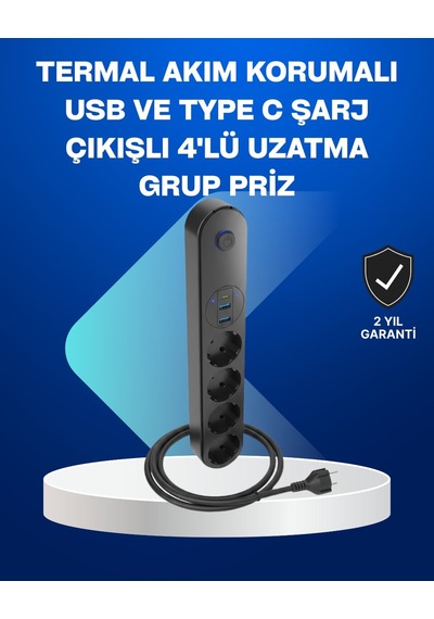 Akıllı Akım Dengelemeli 4 Lü Çoklu Priz Type-c Ve Usb Çıkışlı 0