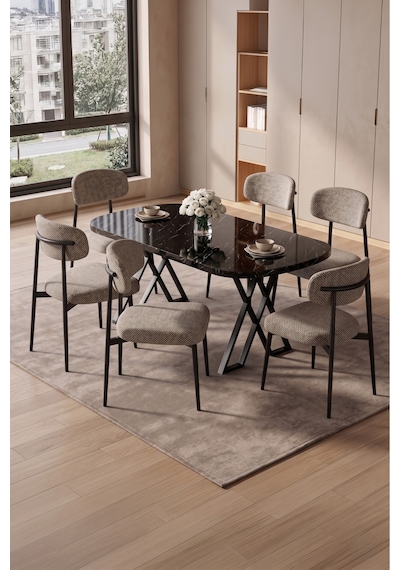 Robii 90x168 Siyah Mermer Mdf Masa, Metal X Ayak, Metal Polo Sandalye, 6 Kişilik Mutfak Masası Takımı Ve Yemek Masası Takımı Bej Robii 90x168 Siyah Mermer Mdf Masa, Metal X Ayak, Metal Polo Sandalye, 6 Kişilik Mutfak Masası Takımı Ve Yemek Masası Takımı Bej