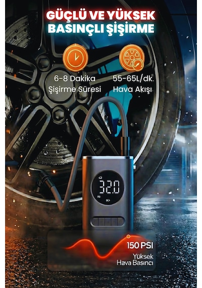 Embatech 4000mah Hava Pompası 150 Psı Ultra Basınç, Led Işıklı, Lcd Ekranlı, Taşınabilir Şarjlı Kompresör Embatech