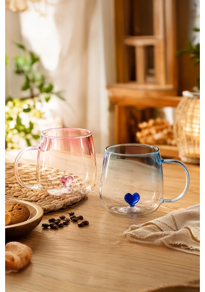 Porsima Pbt-707 Dream Love Hearts - 400ml Romantik Kalp Tasarımlı 2'li Renkli Borosilikat Cam Kupa Seti Şeffaf