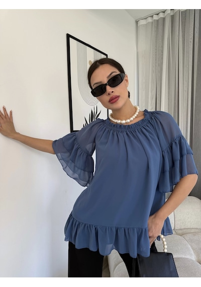 Lodmela Yaka Lastikli Şifon Bluz 6022-Indigo