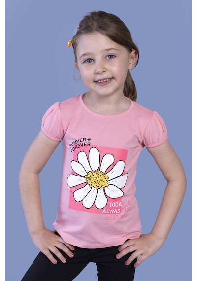 Toontoy Kids Toontoy Kız Çocuk Papatya Baskılı Taş İşlemeli Tişört Gülkurusu