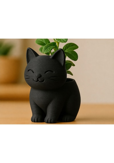 3d Baskı Sevimli Kedi Saksı - Figürlü Sukulent Saksısı-siyah