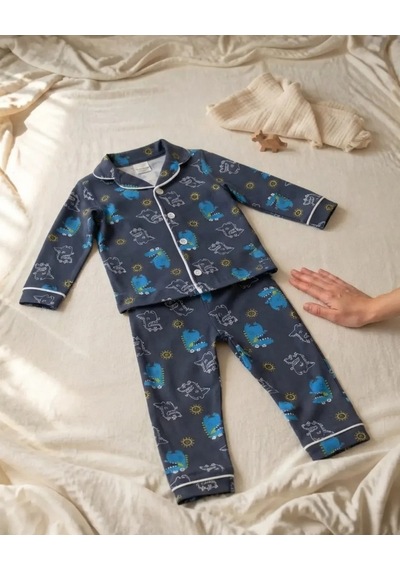 Genel Markalar Mavi Dinazor Baskılı Mevsimlik Pamuklu Bebek Pijama Takımı