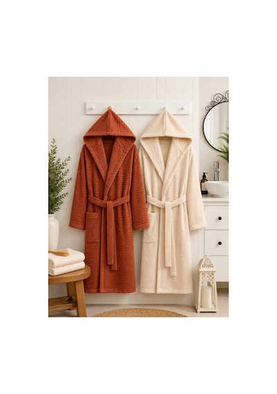 2'li Doğa Kapüşonlu Unisex Bornoz 2 Adet 330 Gsm Yumuşak Dokulu Banyo Bornozu, Cepli, Kadın & Erkek, S/m - L/xl - 2xl - 3xl Kiremit - Bej