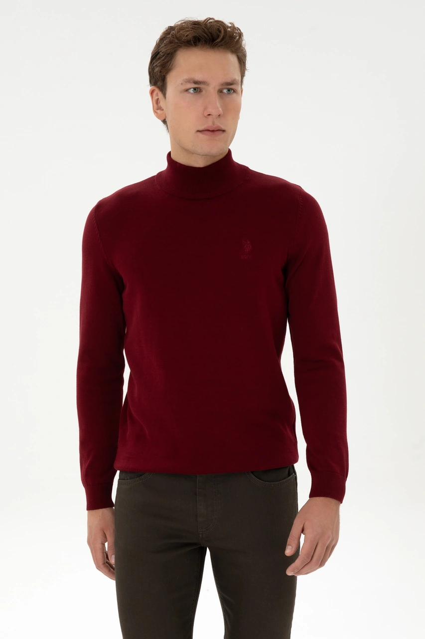 U.S. Polo Assn. Erkek Slim Fit Yarım Boğazlı Bordo Basic Kazak 50307783-VR014