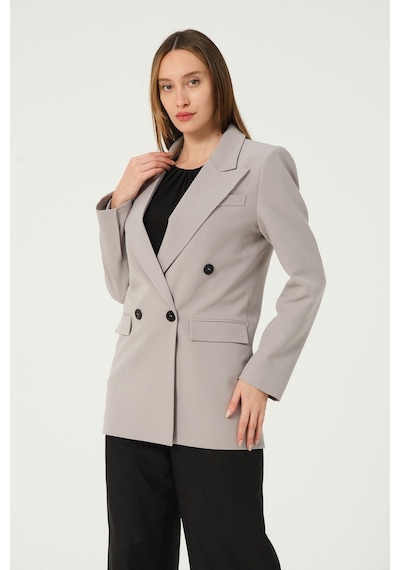 Gri Regular Astarlı Kruvaze Kapama Dokuma Blazer Ceket 001