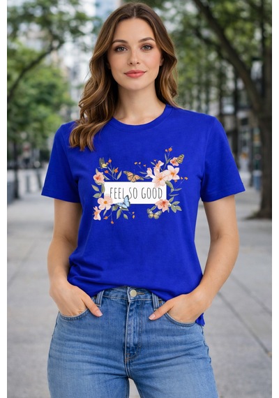 Herkesemoda Feels So Good Baskı Detaylı Basic T-shırt Mavi
