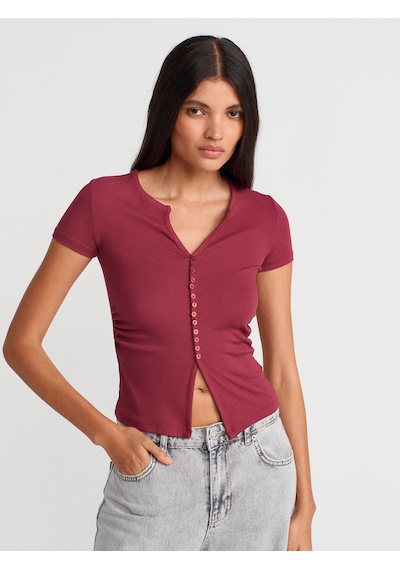 Dilvin 31838 Düğmeli Kısa Kollu Top-açık Bordo Açık Bordo