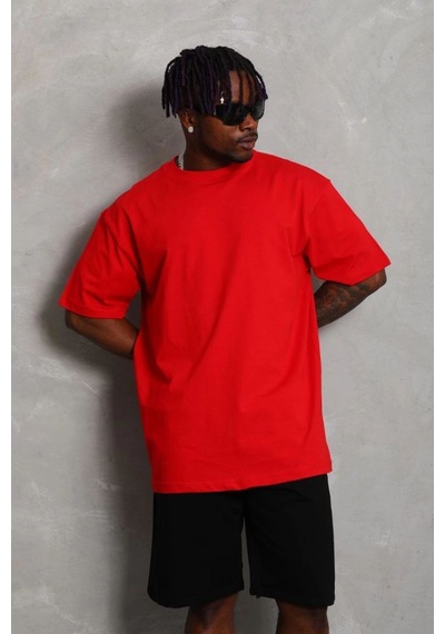 Erkek Düz Yazlık Kısa Kol Tişört Bisiklet Yaka Oversize T-shirt - Kırmızı