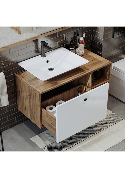 Lotus Lavabolu Mdf 95 Cm Banyo Dolabı + Aynalı Üst Dlp Atlantik Çam - Beyaz