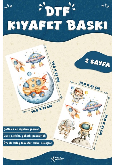Kumaşa Baskı Yapılabilen Özel Tasarım Ütü Ile Yapışan Tekstil Dtf Baskı Görseli Uzay Temalı Çok Renkli