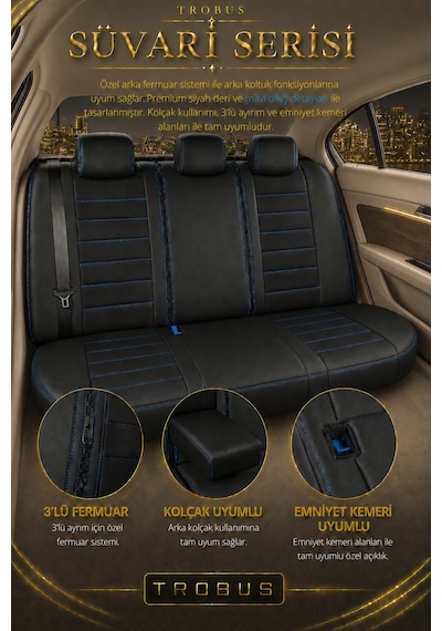Kia Venga 2012-2015 Uyumlu Süvari Serisi Siyah Mavi Oto Koltuk Kılıfı