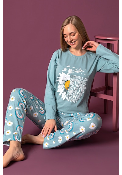 Nisanca Mevsimlik Uzun Kollu %100 Pamuk Kadın Pijama Takımı- Desenli Kadın Pijama mavi