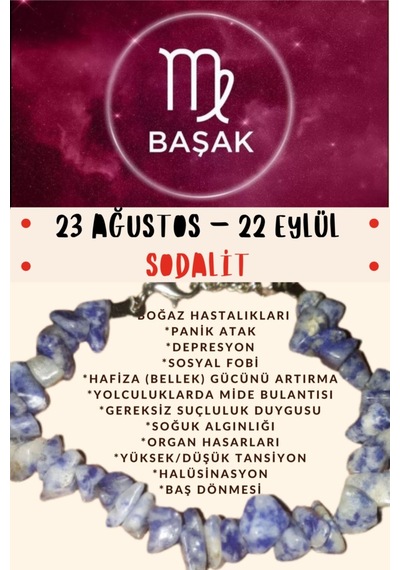 Gümüştel El Sanatları Sertifikalı Burç Taşı Başak Burcu Sodalit Taşı Bileklik Çok Renkli