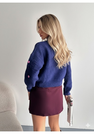 Ribana Classic Kadın Uzun Kollu Pembe Kalp Detaylı Standart Beden Triko Yumoş Kazak 4603 Lacivert