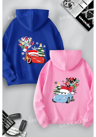 Macklin Sevgili Çift Kombin Mcqueen Ve Sally Baskılı Yılbaşı Özel Tasarım Kapüşonlu Sweatshirt 2li Set Takım Mavi Pembe Mck1573 Çok Renkli
