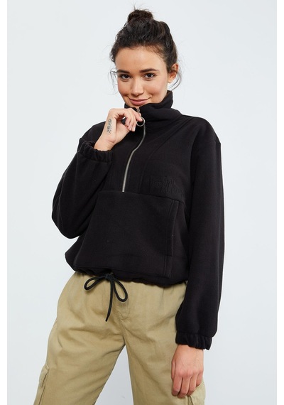 Tommy Life Siyah Yarım Fermuar Etek Ucu Büzgülü Kadın Polar Oversize Sweatshirt - 97171 Siyah