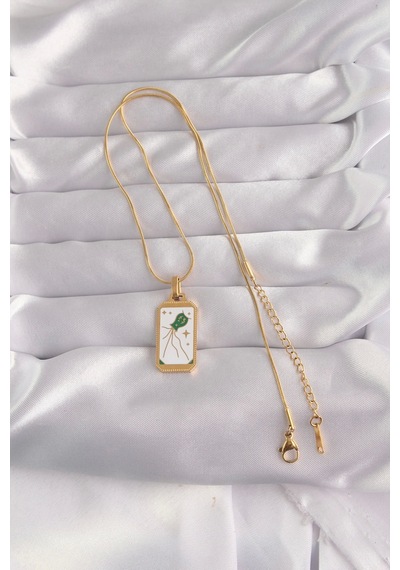 316l Çelik Gold Renk Beyaz Mineli Tarot Kolye Çok Renkli