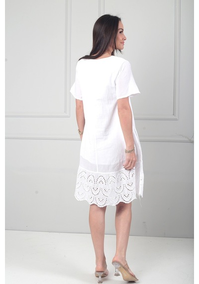 By Saygı Kadın İtalyan Kısa Kollu Eteği Fisto Astarlı Cepli Cotton Midi Elbise Beyaz