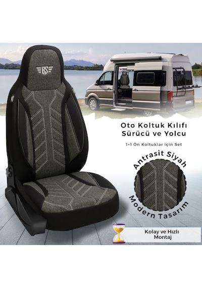 Plkt Serisi Nissan Nv300 2016-2022 İle Uyumlu Pilot Oto Koltuk Kılıfı, Antrasit Siyah
