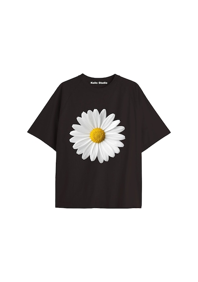 Kalic Studio Kadın Çiçek Özel Baskılı Renkli Oversize Penye Pamuklu Bisiklet Yaka T-shirt Siyah-26