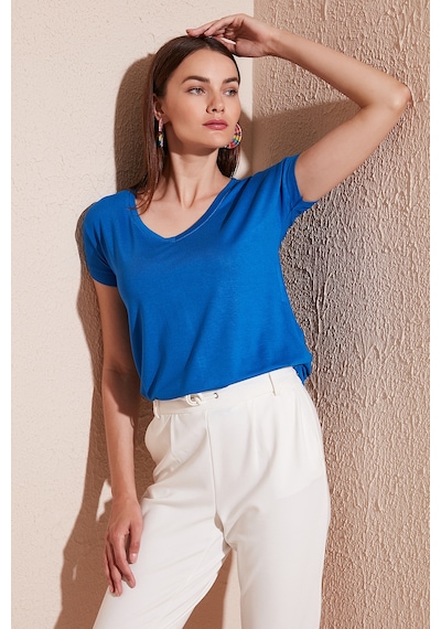 Lela V Yaka Relaxed Fit Yırtmaç Detaylı 2'Li Paket Bayan Bluz 5862000S2 Ekru-Saks