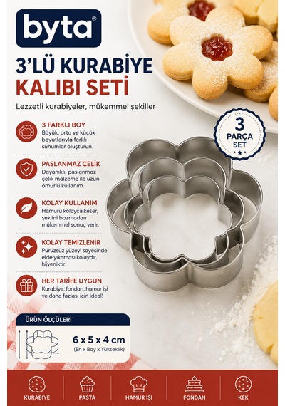 3'lü Paslanmaz Çelik Çiçek Kurabiye Kalıbı Seti Farklı Boy Hamur Ve Şeker Hamuru Kesici Diğer
