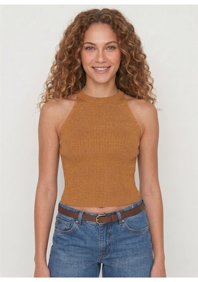Neden Tekstil Kadın Fitilli Halter Yaka Crop Bluz - Camel