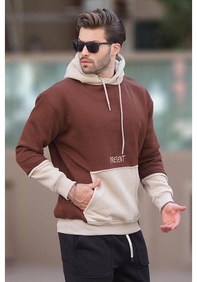 Madmext Acı Kahverengi Kapüşonlu Baskılı Cep Detaylı Erkek Sweatshirt 7083 Acı Kahverengi