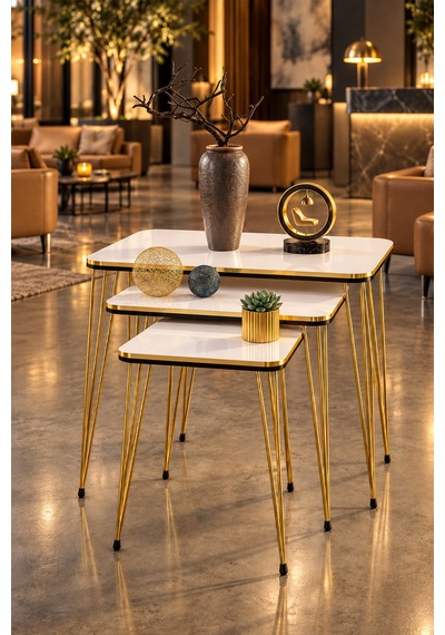 Odera Beyaz Siyah- Detaylı Zigon Sehpa 3'lü Set Metal Ayaklı Modern Retro Salon Sehpası Diğer