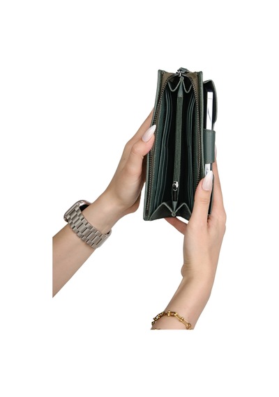 Mft Leather Hakiki Deri Kadın Cüzdan Bulgari 1232 Flother Mat Koyu Yeşil