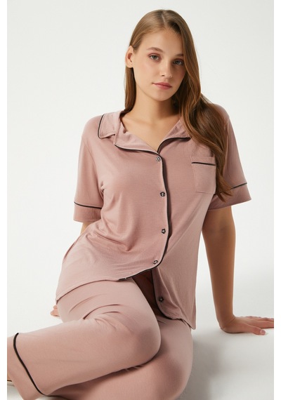 Ritnice Kadın Vanessa Viskon Ön Düğmeli Kısa Kol Biyeli Pudra Alt Üst Pijama Takımı