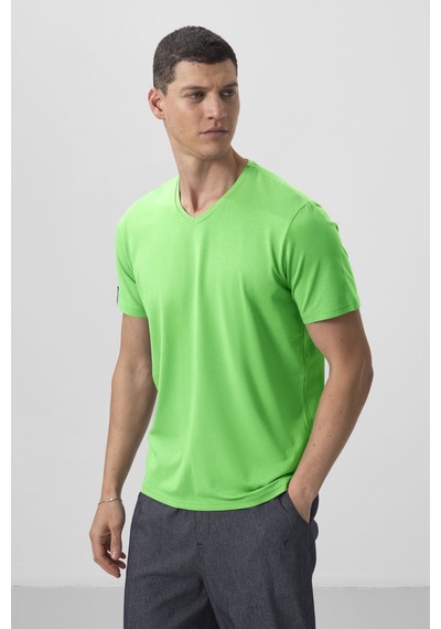 Tommylife Neon Yeşil Basic Kısa Kol Standart Kalıp V Yaka Erkek T-shirt - 87912 Neon Yeşil